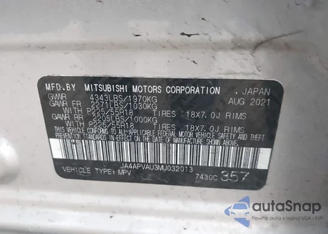 2021 Mitsubishi Outlander Sport 2.0 Se 2Wd z USA, uszkodzony, nr VIN JA4APVAU3MU032013